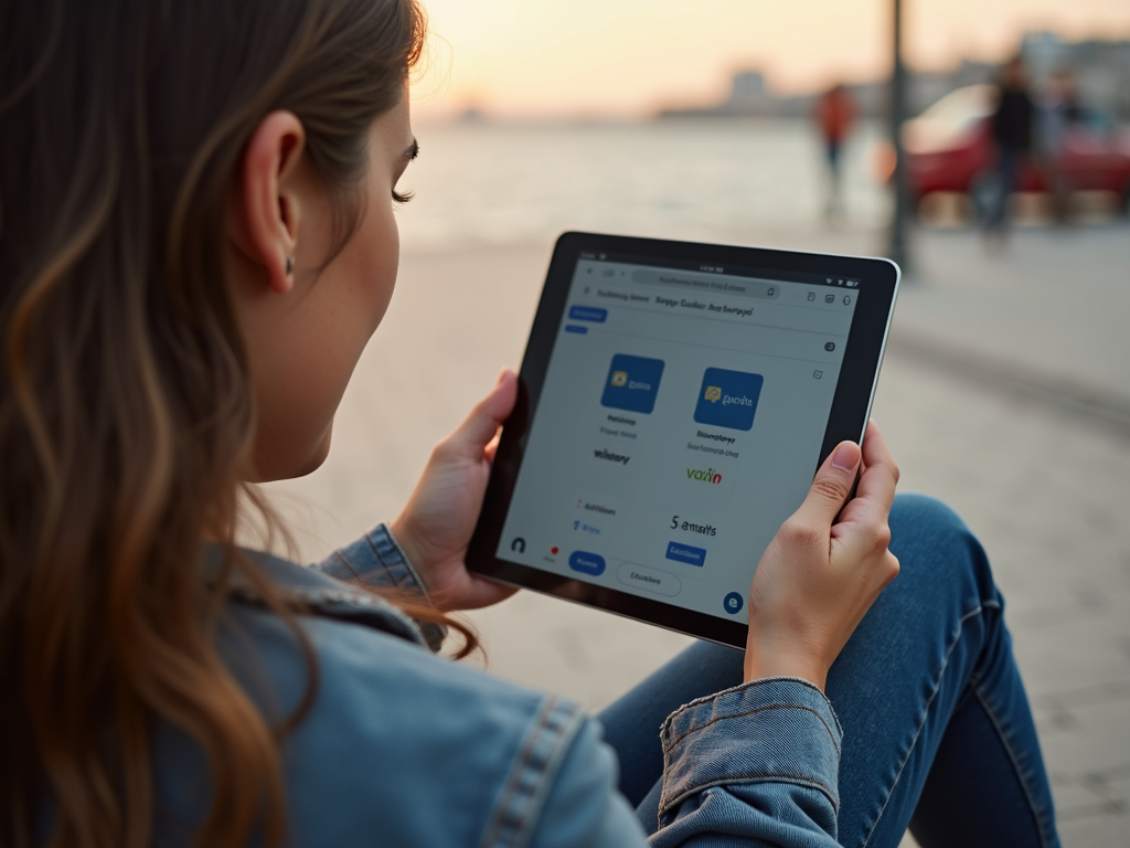 Çanakkale'de tabletinde farklı VPN hizmetlerini karşılaştıran genç bir kadın
