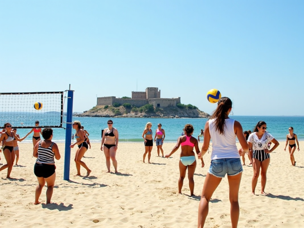 Çanakkale’nin kumlu sahillerinde plaj voleybolu oynayan turistler ve yerliler, arka planda Kilitbahir Kalesi ile spor ve turizmin uyumunu sergiliyor.