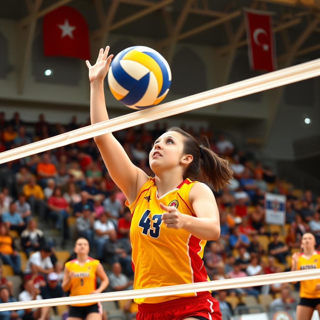 Çanakkale’deki bir spor salonunda, topa güçlü bir smaç vuran genç bir kadın voleybolcunun dinamik aksiyon görüntüsü.