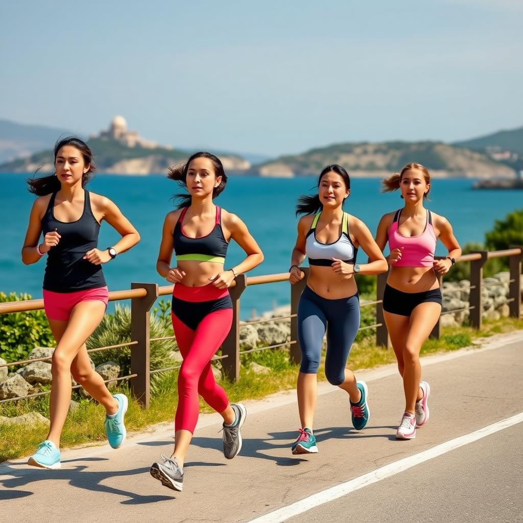 Çanakkale’nin sahil yolunda koşan, doğal makyajlı sporcu kadınlar.
